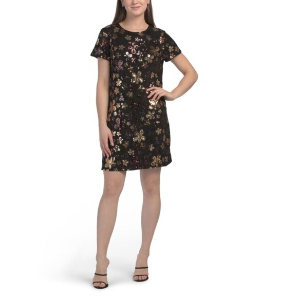 LONDON TIMES Gold Multi Sequin T-shirt Mini Dress - Picture 1 of 1